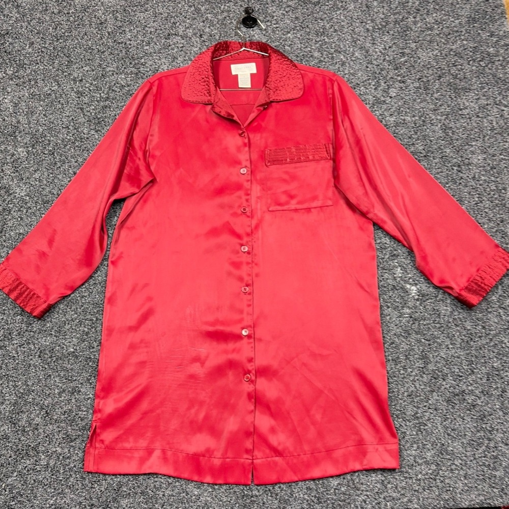 Cabernet Nightshirt Womens S Red Satin Button Front Long Sleeve Sleepwear Loung
